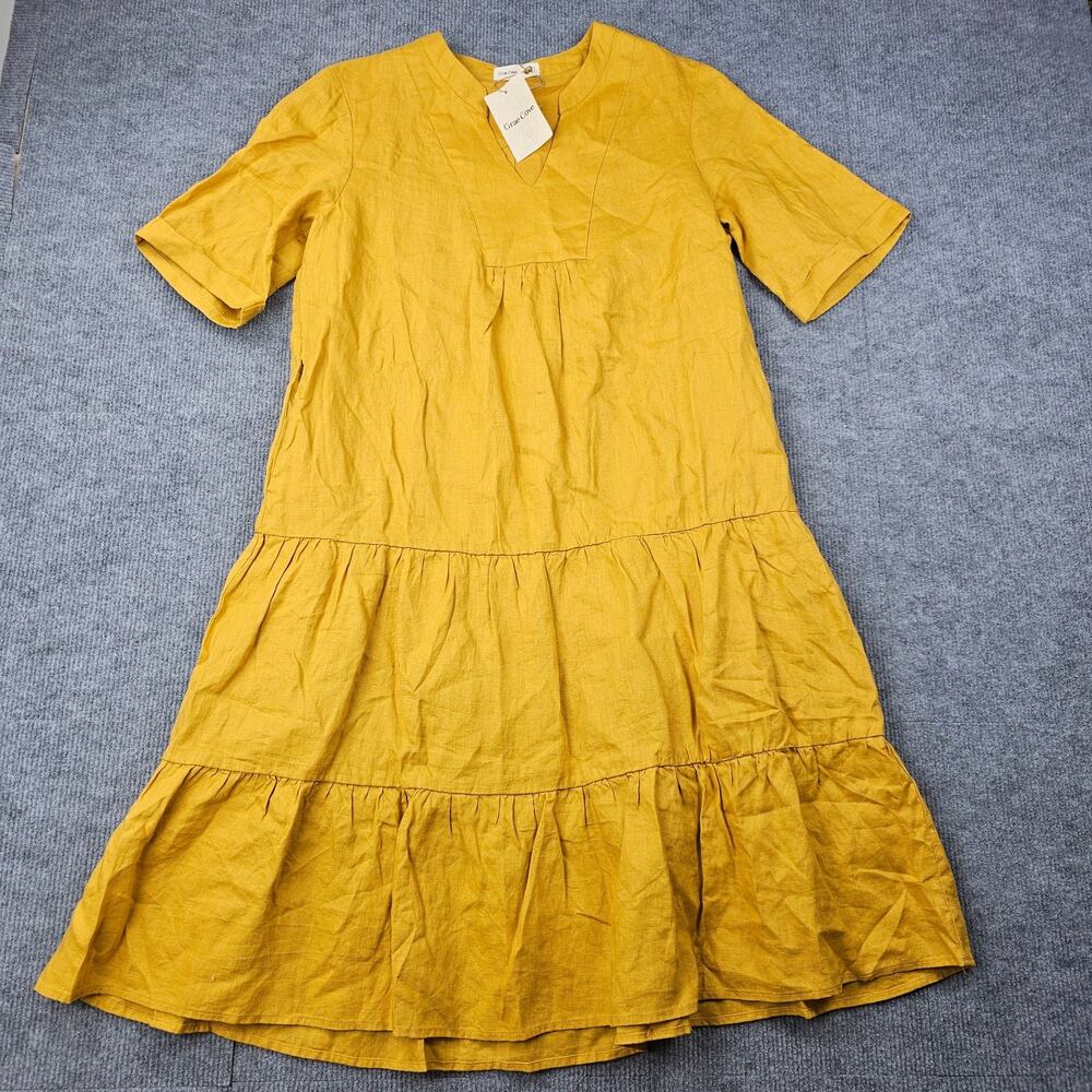 Grae Cove Linen Midi Dress Womens Medium Yellow Tiered Coastal Western Minimal
